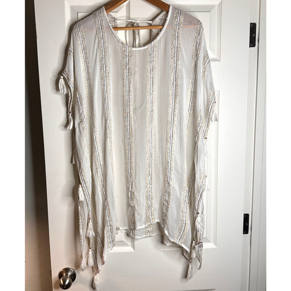 surf gypsy bohemian metallic lurex tassel tunic top s cream gold beach cover up - Picture 1 of 8